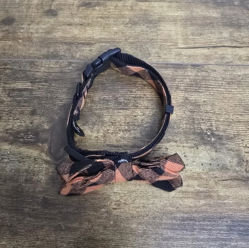 Azuza Plaid Bow Tie Collar For Dogs Black and Orange Size Medium